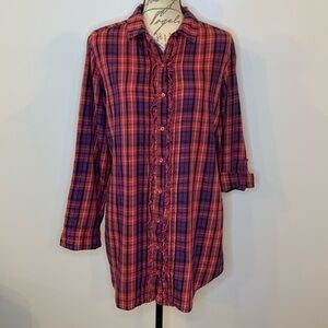 Betsey Johnson Intimates cotton flannel plaid ruffle roll tab sleep shirt M